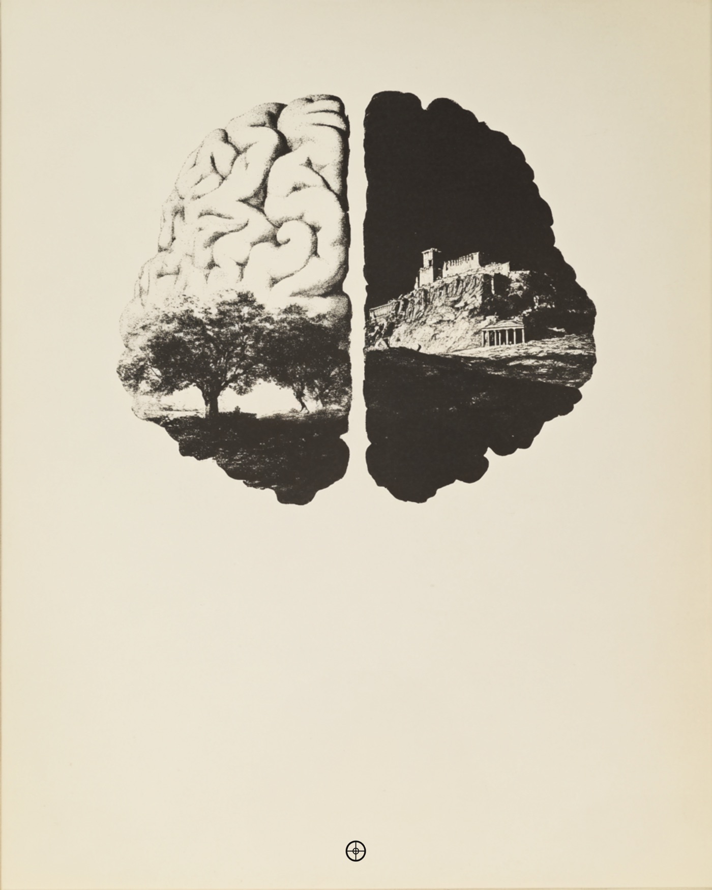 A brain with one half formed by a tree and the other by a temple.