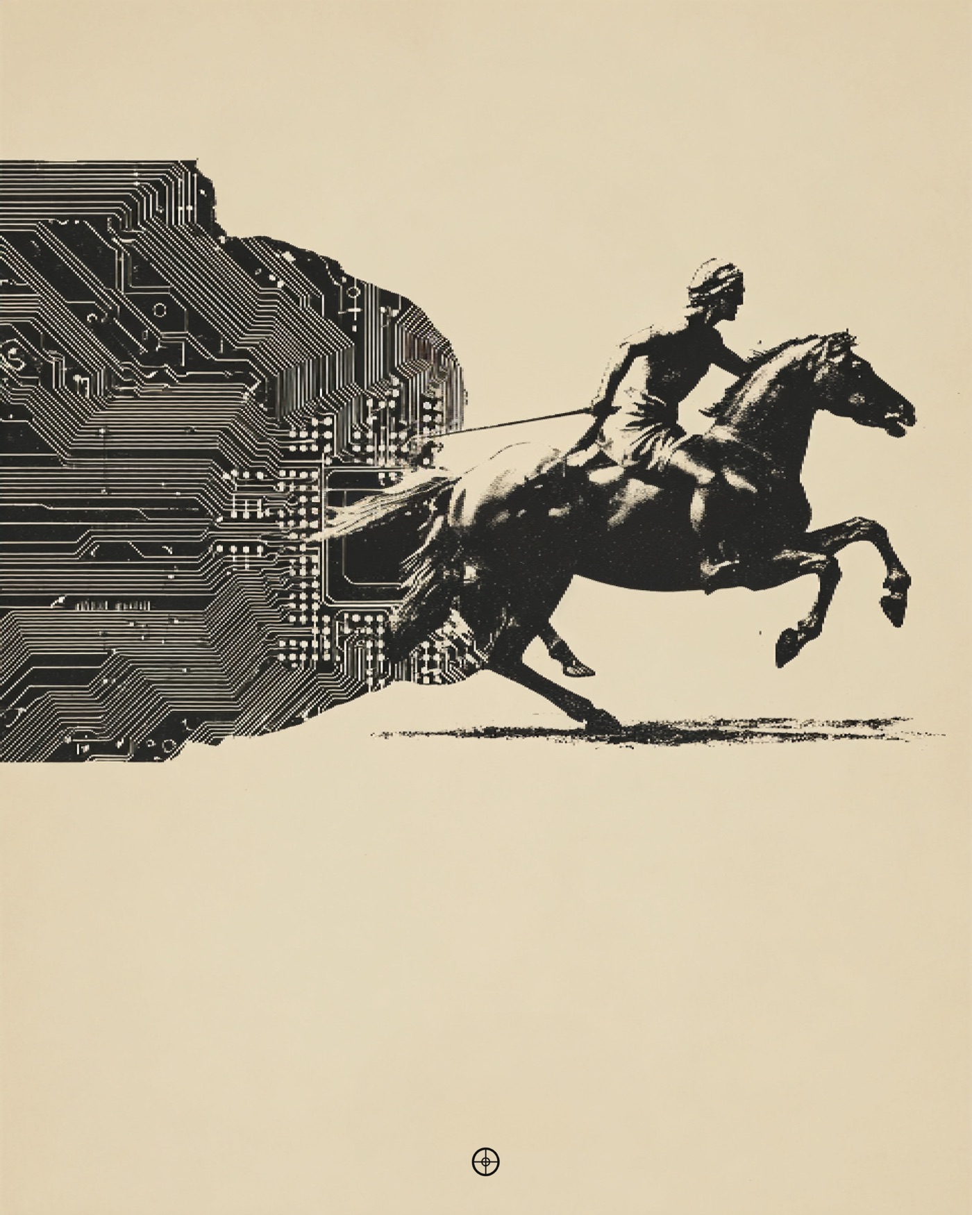 A halftone horse and rider charging out of a circuit board, with a sun cross below.