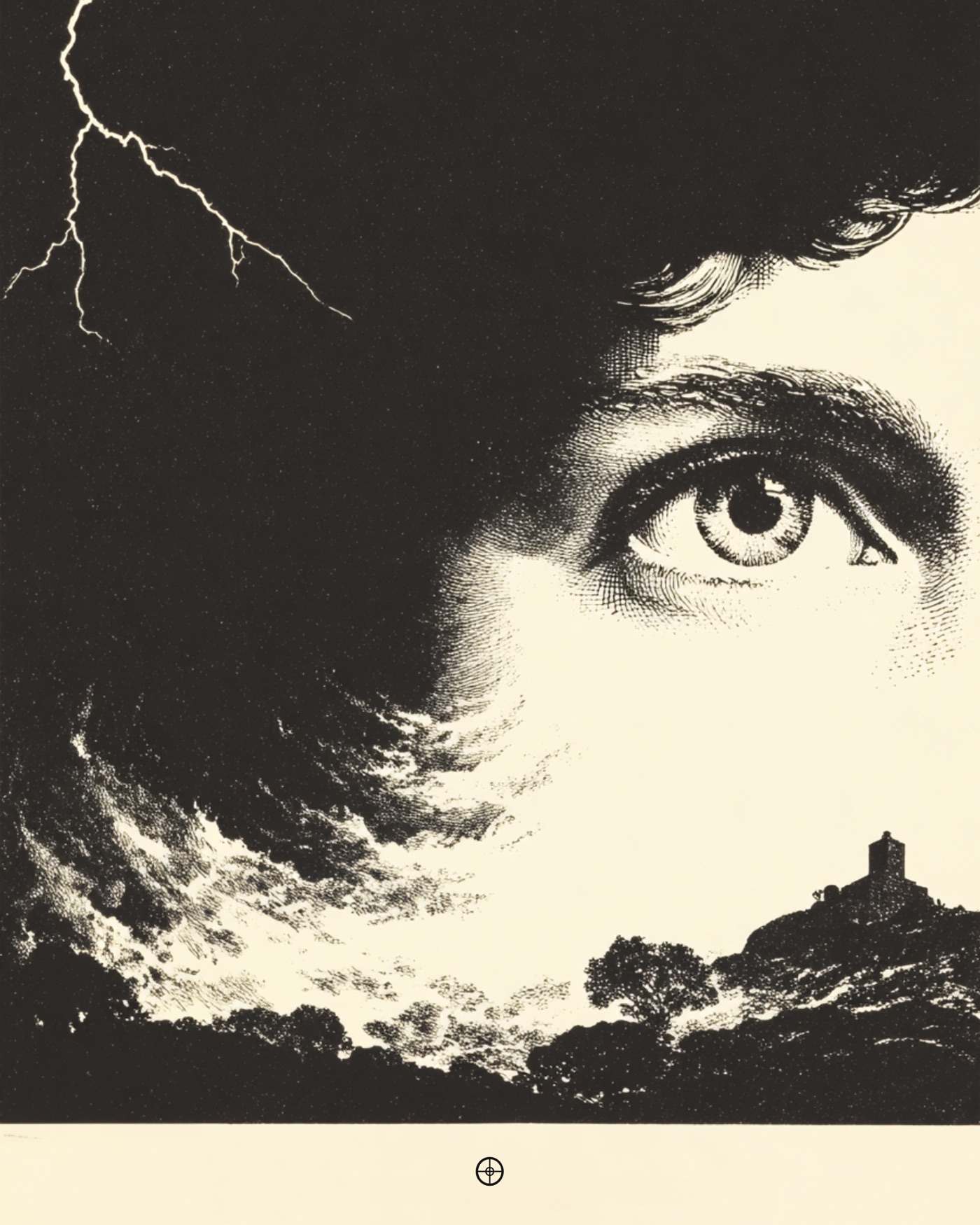 An eye and lightning over a dark sky, printed as a magazine plate.