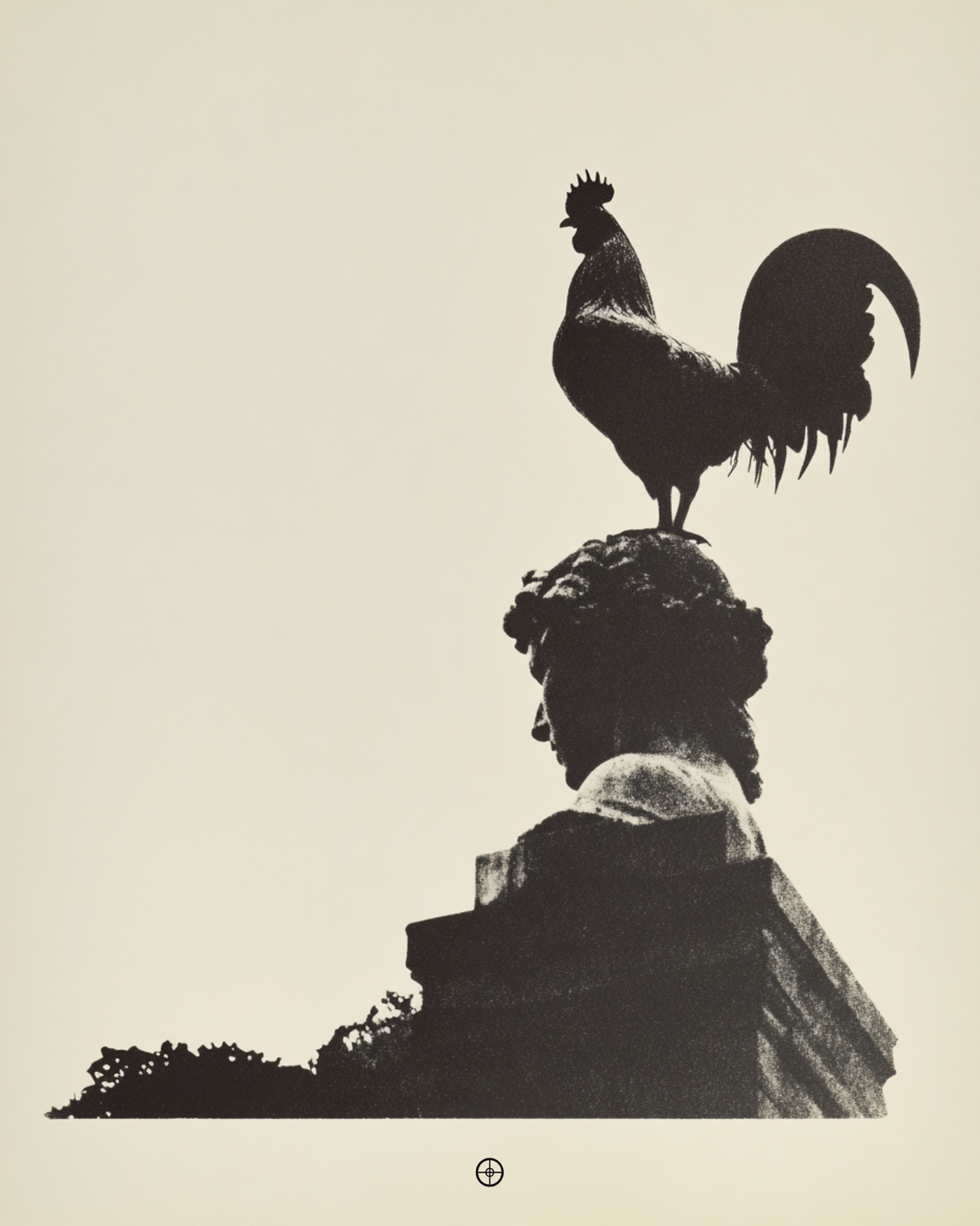 A rooster perched on a sculpted bust, reproduced as a print.