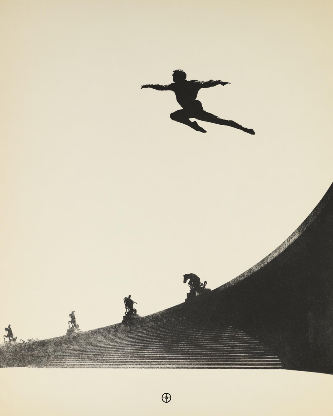 A figure leaping over a stair, reproduced as a print.