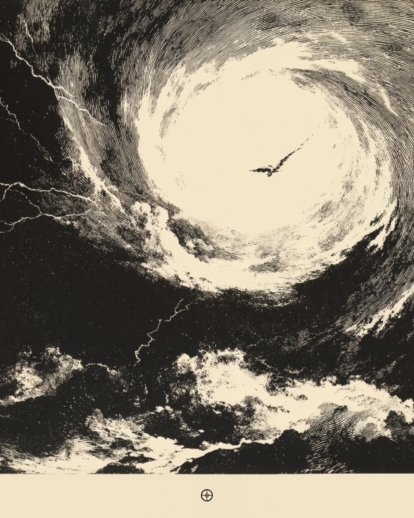 A bird at the eye of a swirling storm vortex, printed in black and white.